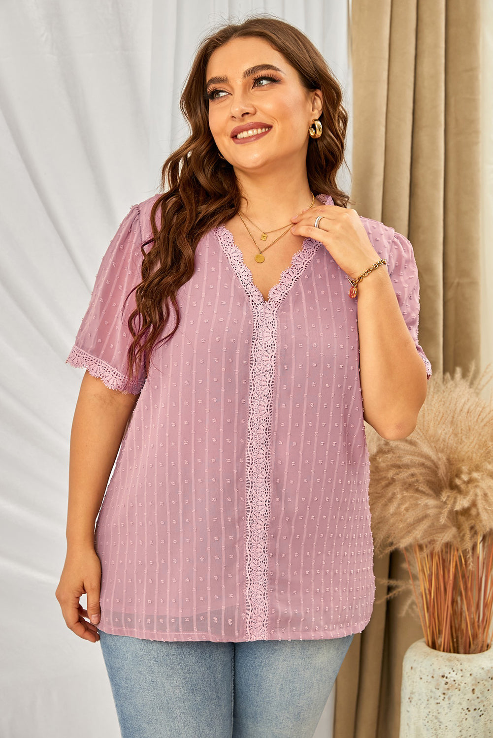 Dusty Pink Plus size Swiss dot blouse with crochet lace V-neck