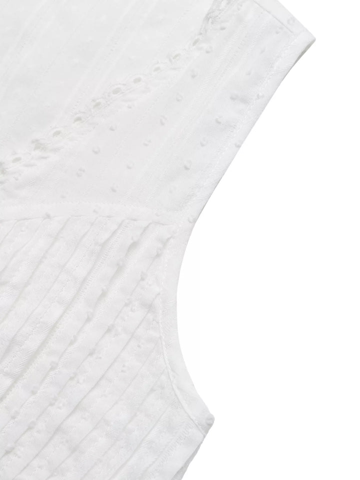 Swiss dot V-neck tie-front crop top with lace trim