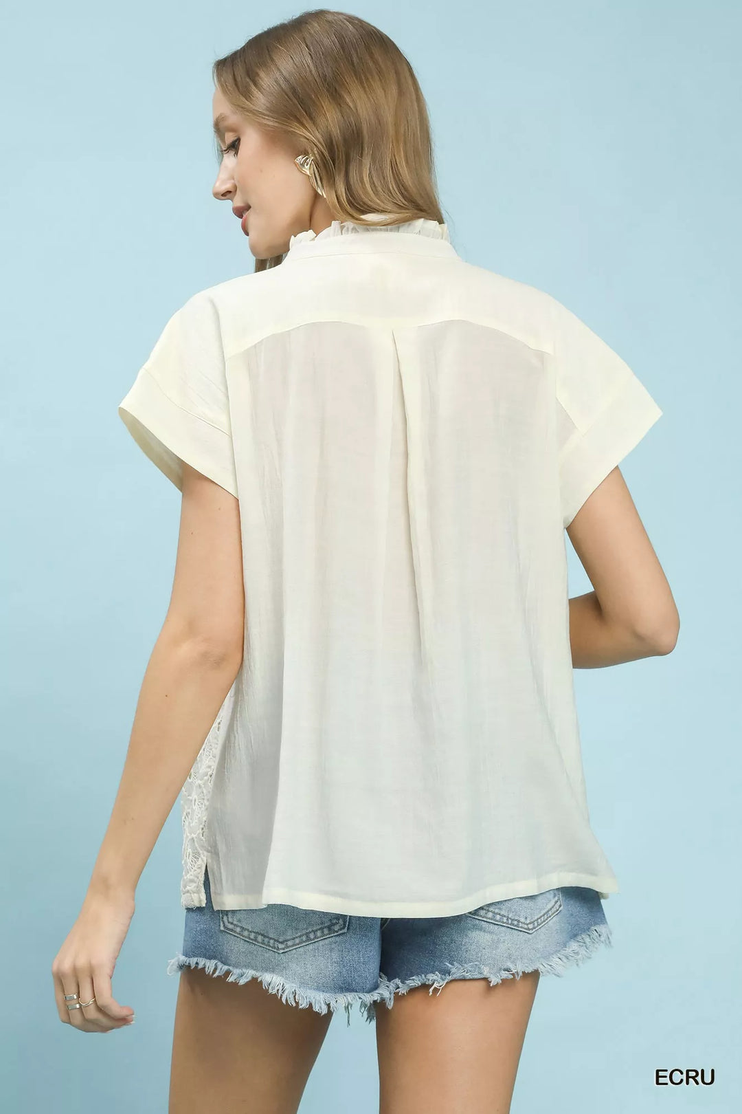 Floral eyelet lace button-front cap sleeve top
