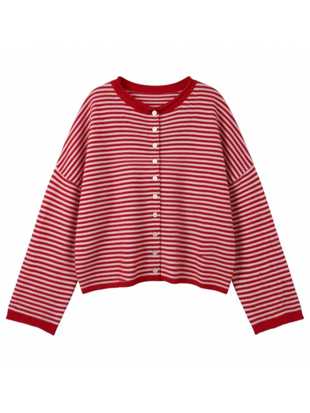 Striped button-front knit cardigan with drop shoulders