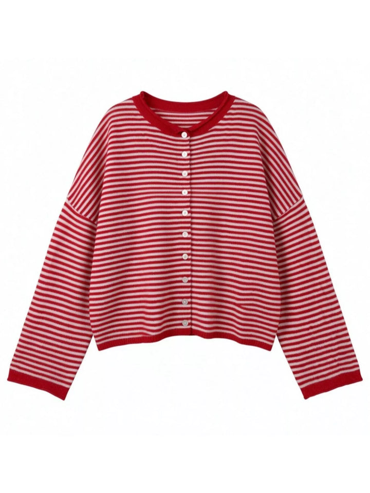 Striped button-front knit cardigan with drop shoulders