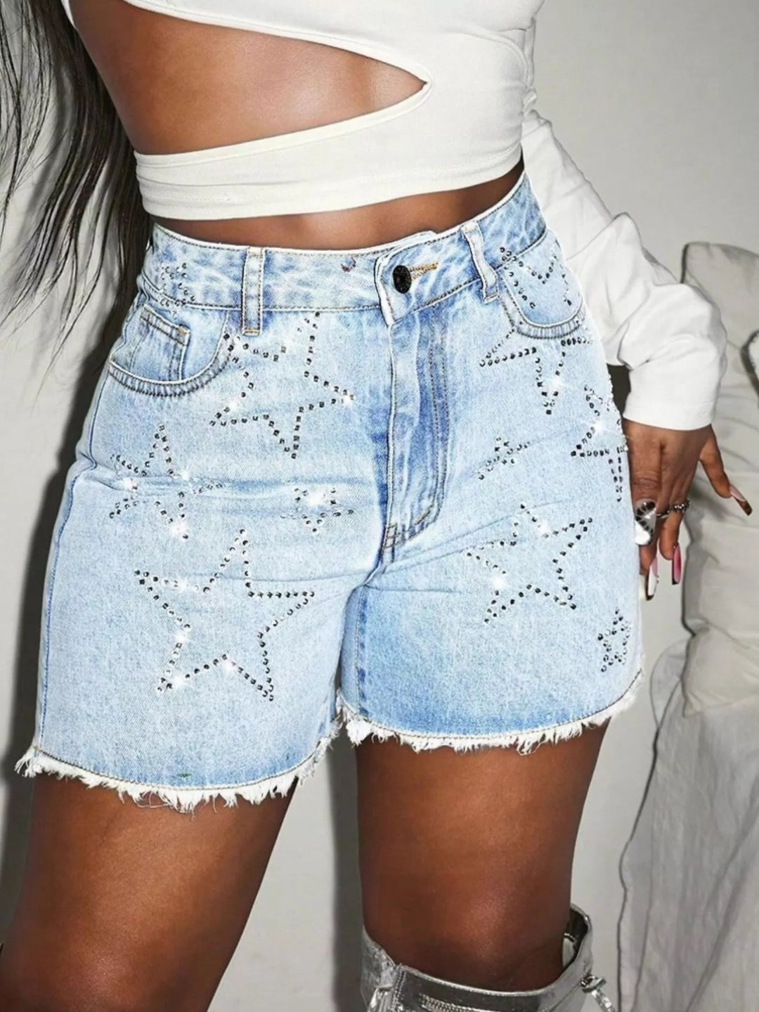 Blue Rhinestone star high-rise raw hem denim shorts