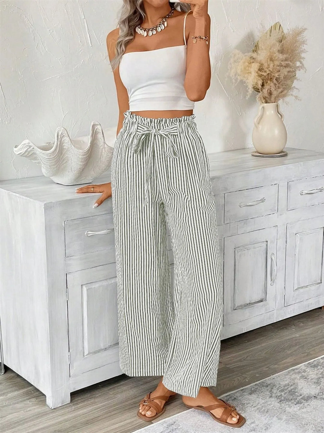 Army Green Striped wide-leg paper bag pants with tie belt