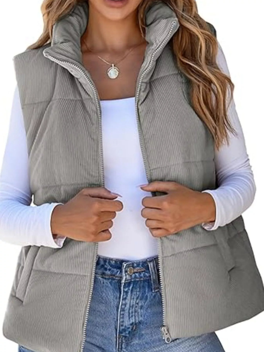 Corduroy stand collar zip-up puffer vest