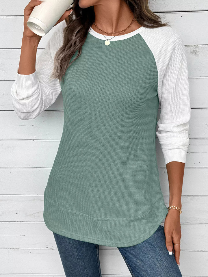 Contrast raglan waffle knit long sleeve top