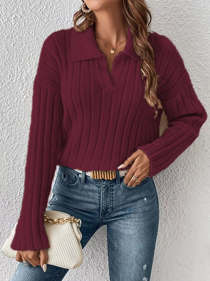 Red Ribbed knit polo collar sweater with split V-neck