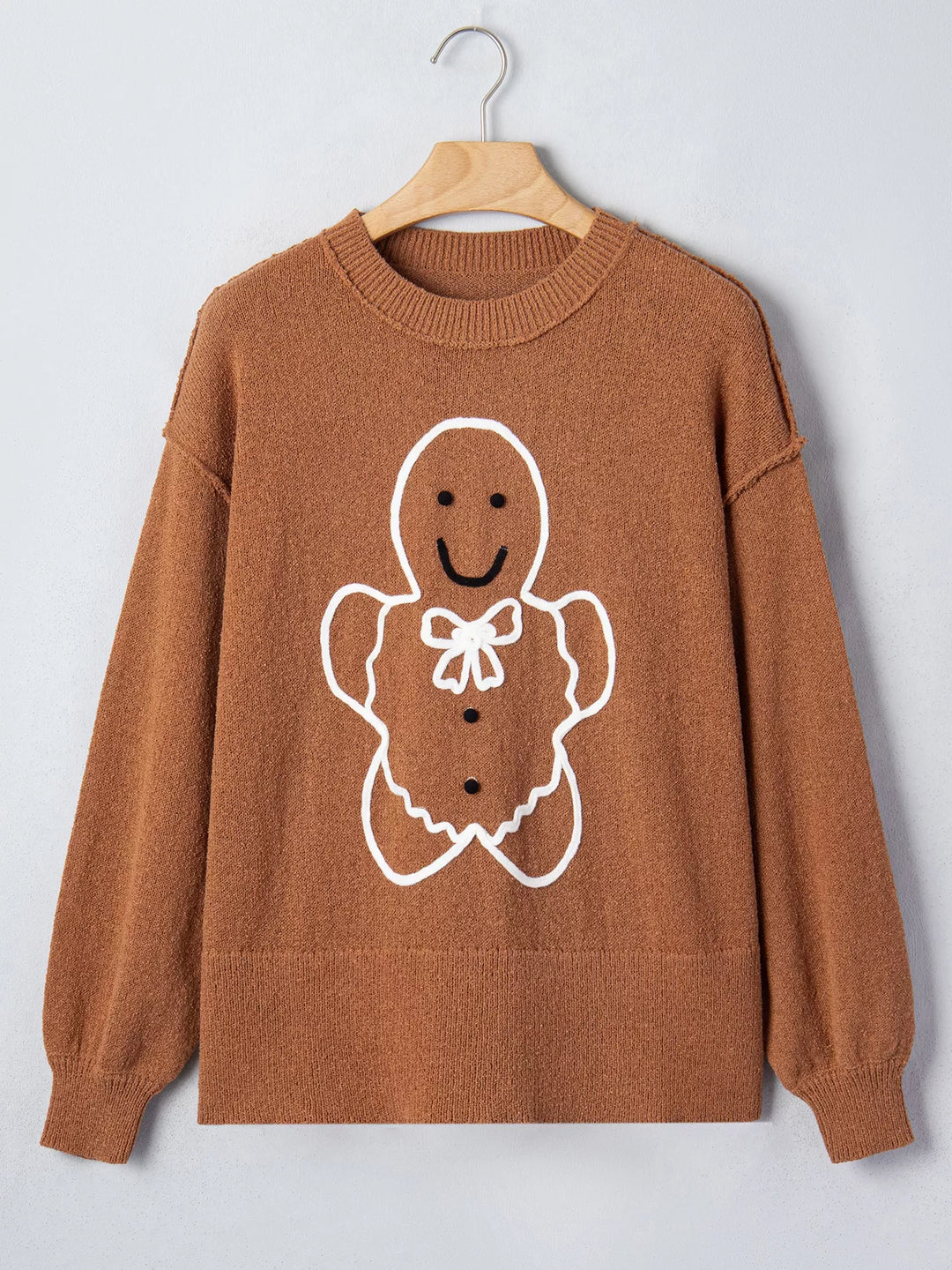 Gingerbread man embroidered drop shoulder knit sweater