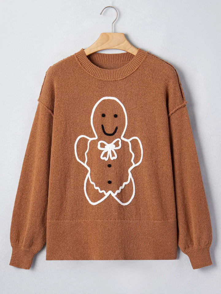 Gingerbread man embroidered drop shoulder knit sweater