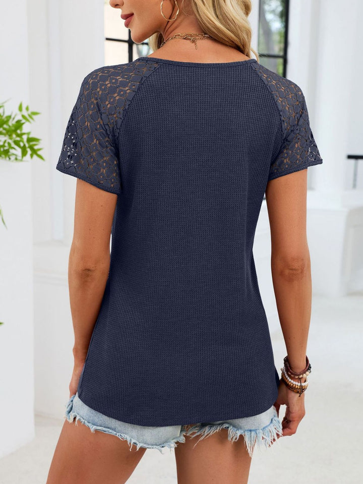 Crochet lace sleeve waffle knit V-neck top