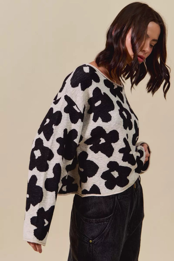 Lightweight floral knit cropped sweater top