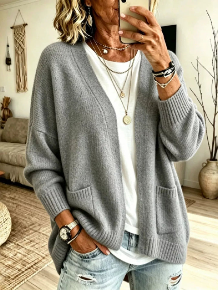 Gray Open front knit cardigan with patch pockets and ribbed trim