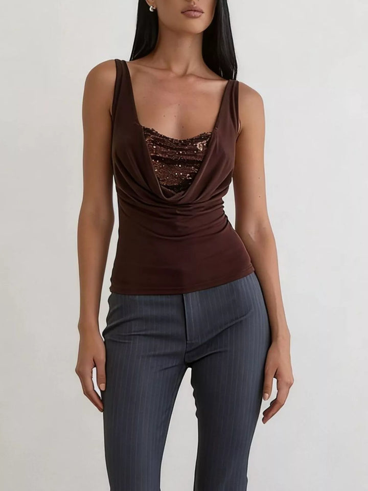 Dark Brown Cowl neck ruched tank top with sequin bust panel
