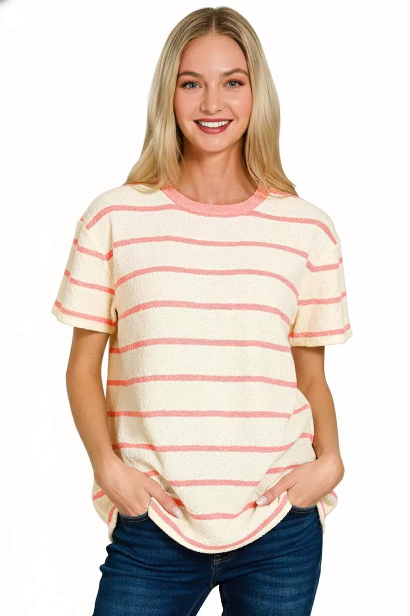Textured striped short sleeve crew neck tee