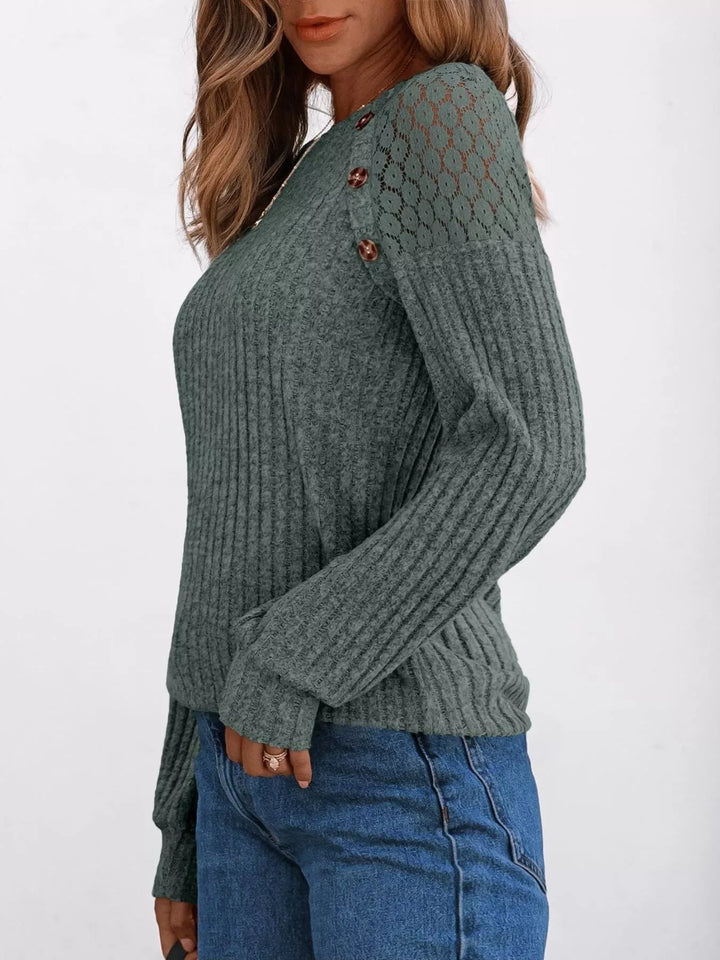 Ribbed knit long sleeve top with lace shoulder detail
