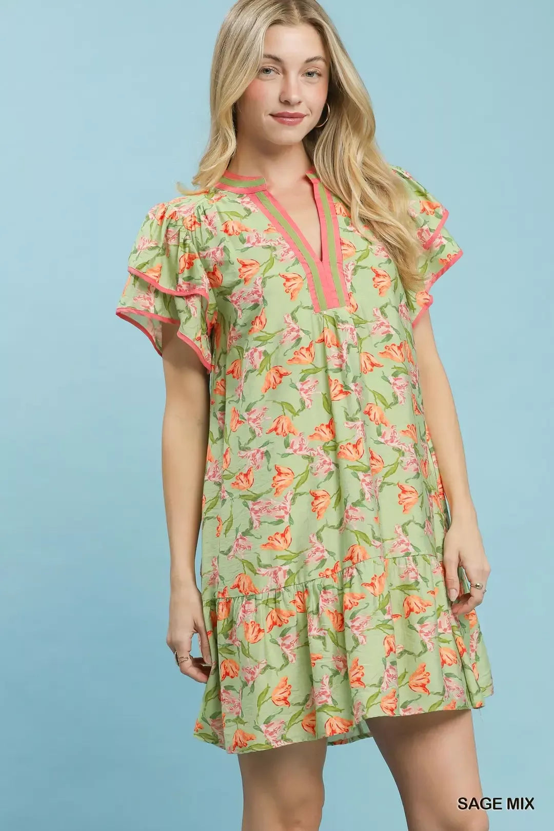 Floral tiered mini dress with flutter sleeves and split V-neck