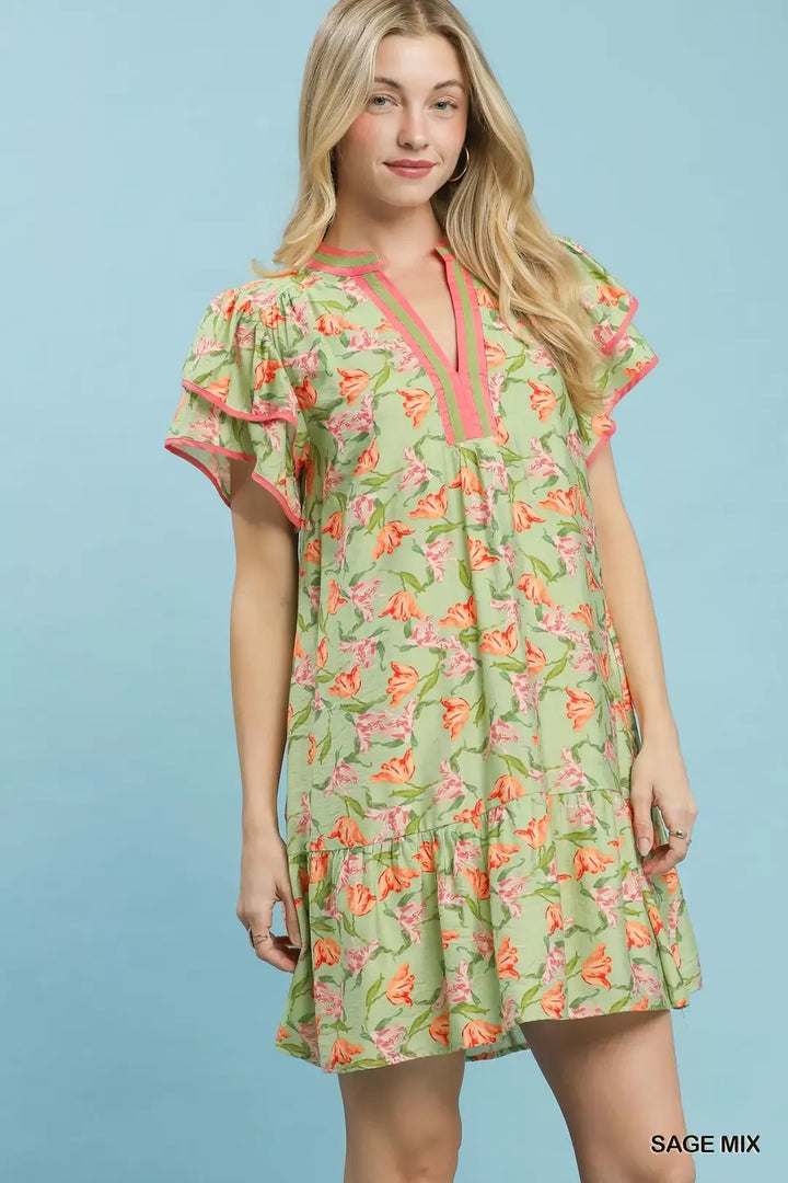 Floral tiered mini dress with flutter sleeves and split V-neck