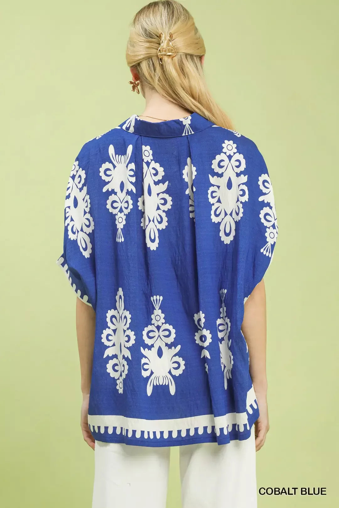 Abstract folk art print button-down short sleeve shirt