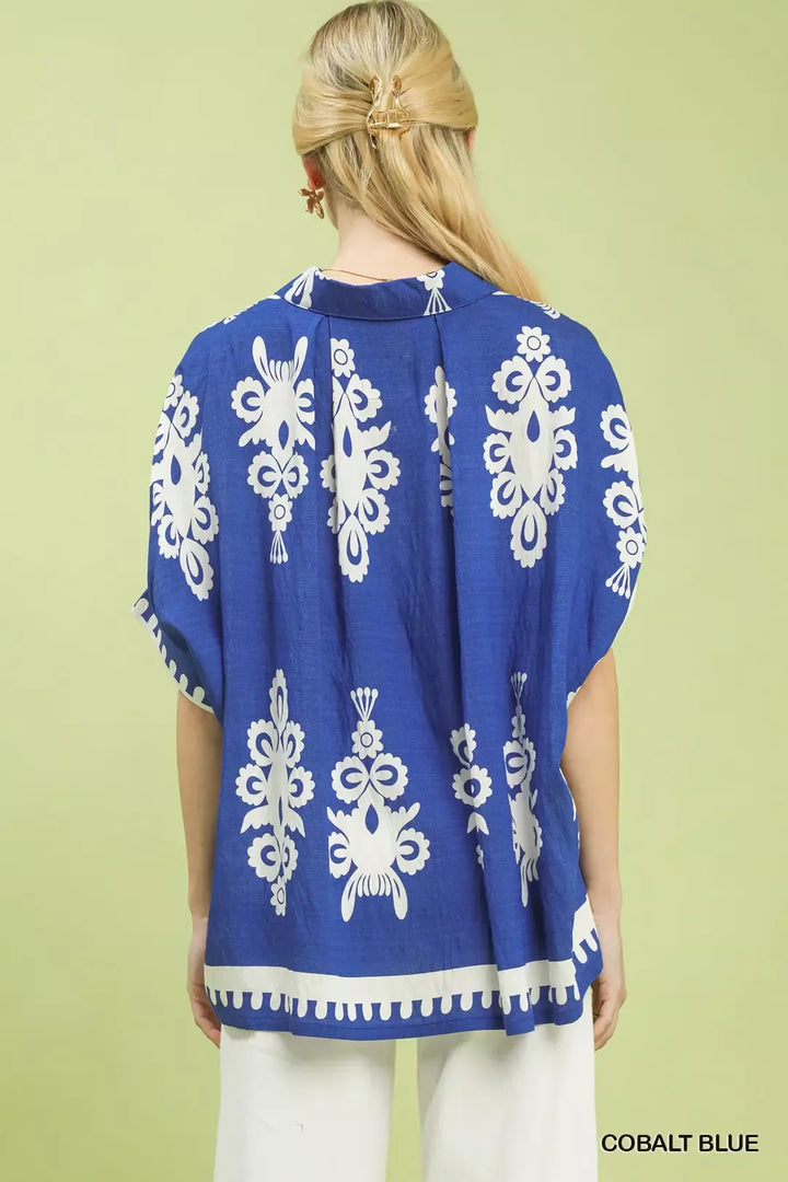 Abstract folk art print button-down short sleeve shirt