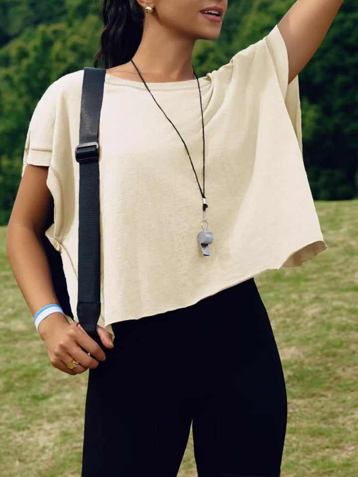 Apricot Cutout back boxy crew neck tee with exposed seams