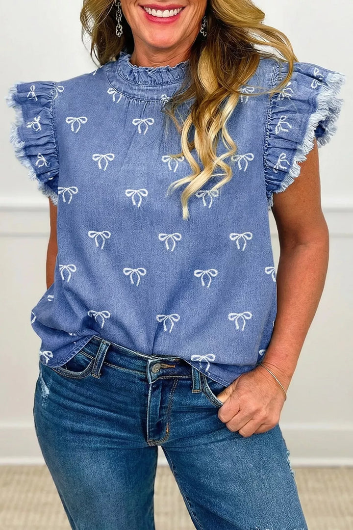 Bow embroidered chambray top with frilled collar and flutter sleeves