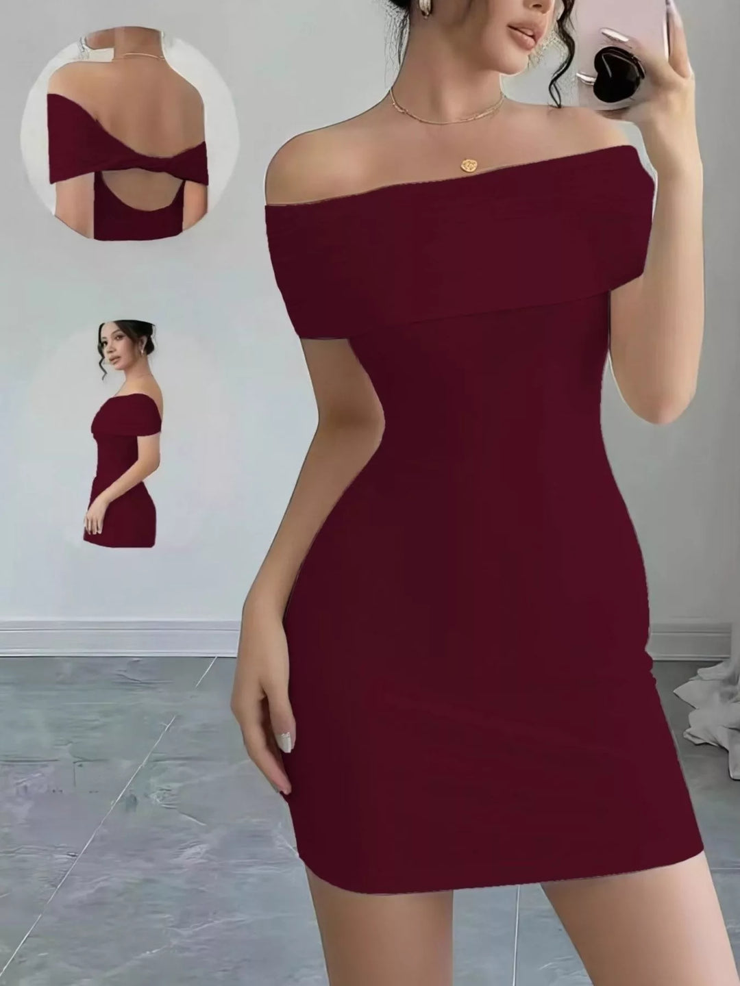 Burgundy Off-shoulder bodycon mini dress with twisted back