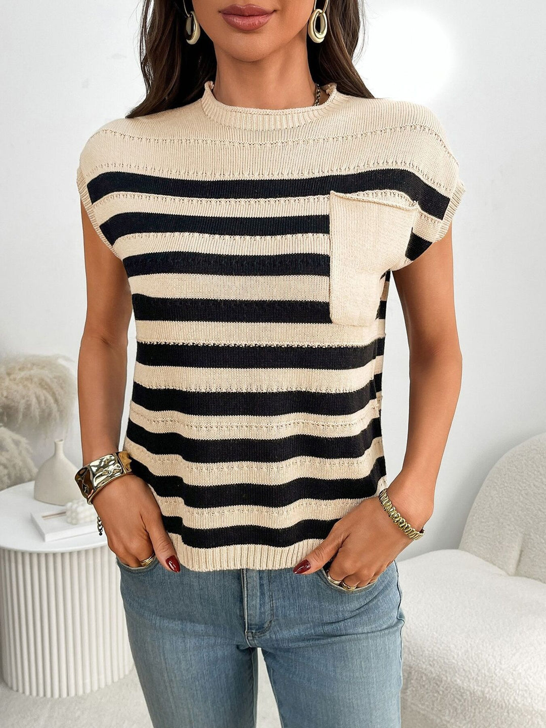 Striped knit cap sleeve top with patch pocket