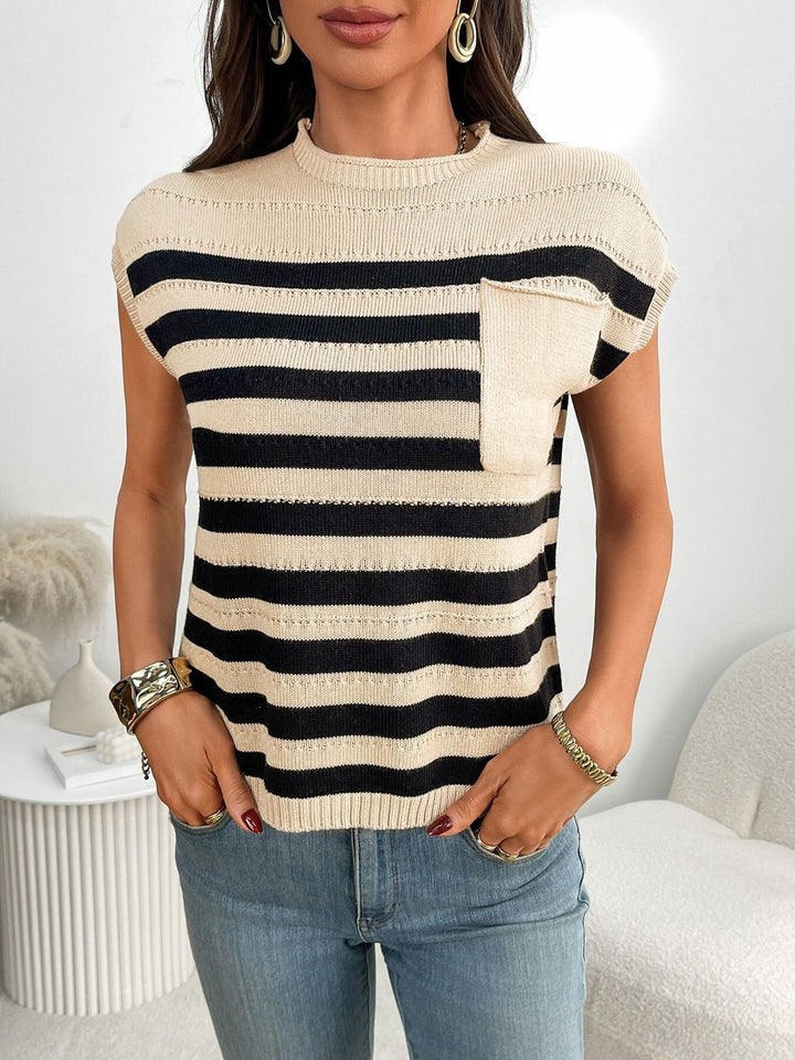 Striped knit cap sleeve top with patch pocket
