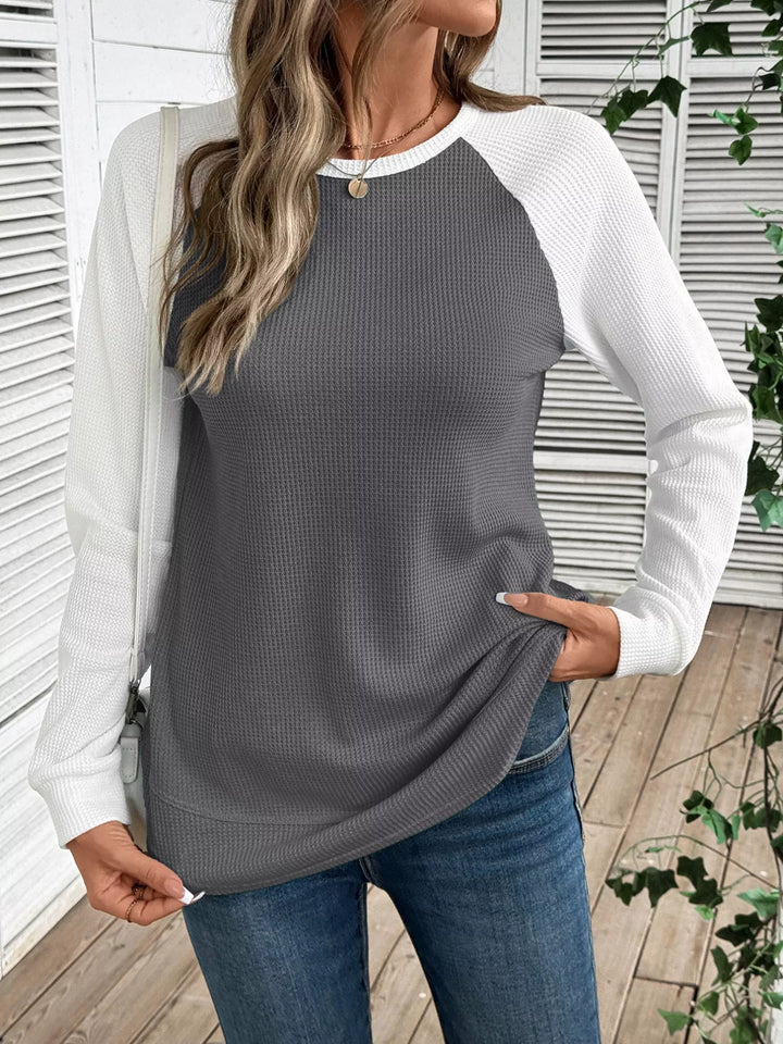 Contrast raglan waffle knit long sleeve top