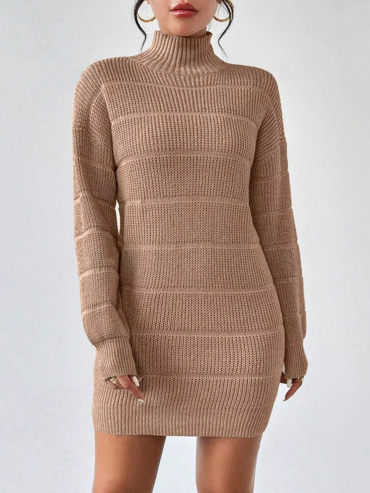 Khaki Ribbed turtleneck knit sweater mini dress with drop shoulders