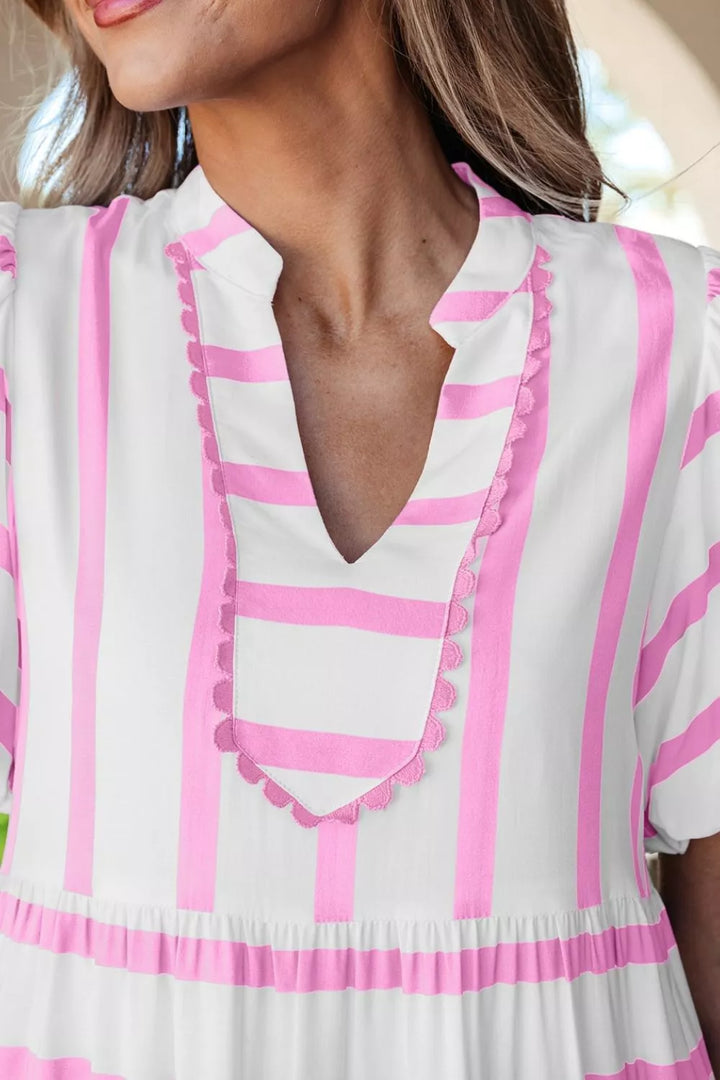 Striped ricrac trim notched neck tiered maxi dress