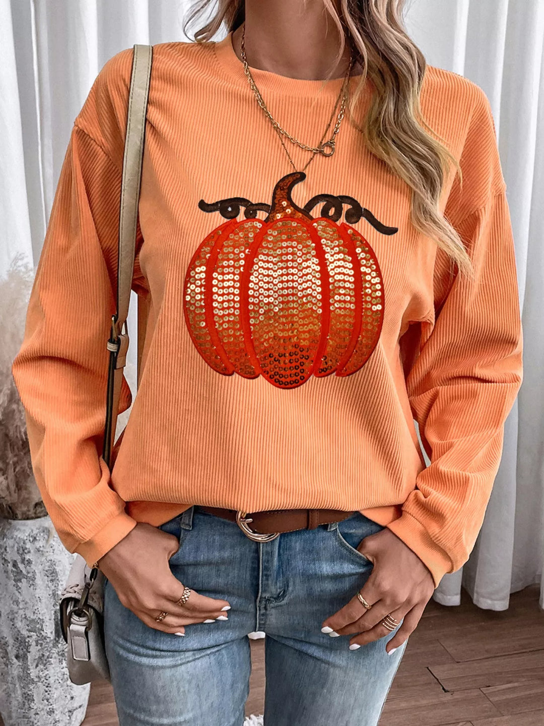 Sequin pumpkin ribbed corded crew neck sweatshirt