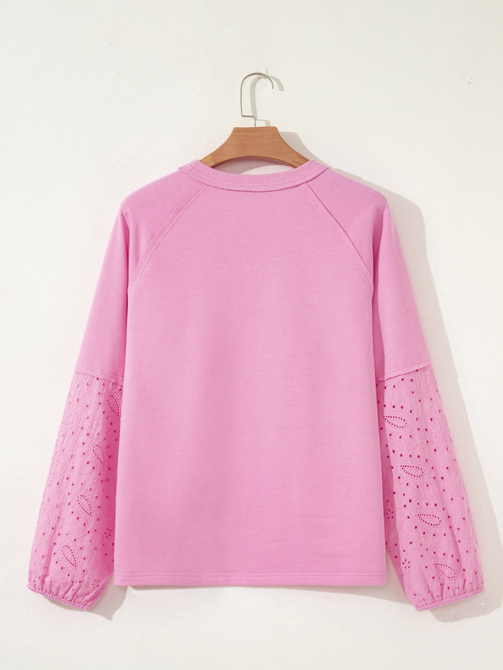 Eyelet lace heart patch long sleeve pullover top