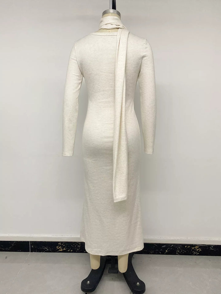 Scoop neck long sleeve knit maxi dress with scarf