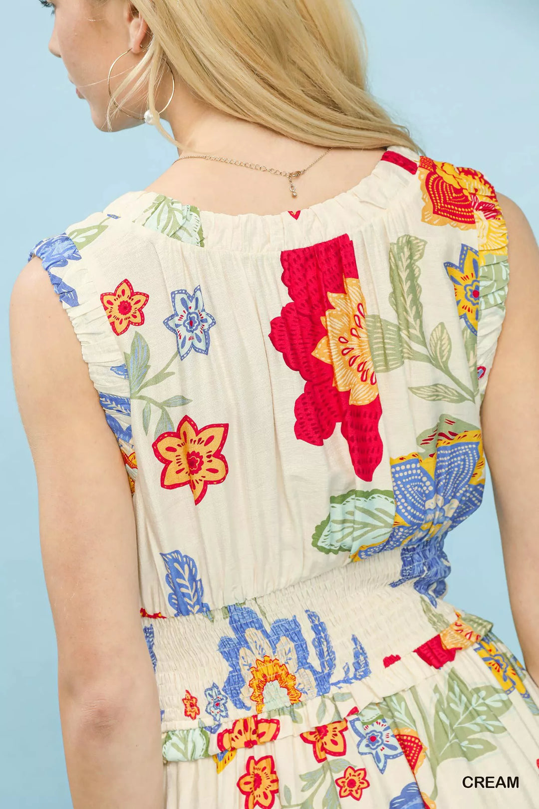 Sleeveless floral smocked-waist tiered midi dress