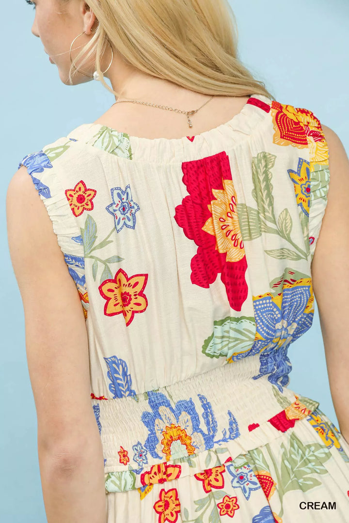 Sleeveless floral smocked-waist tiered midi dress