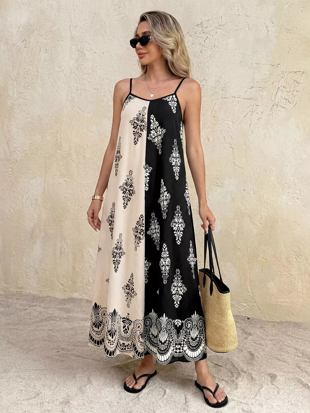 Color-block floral print cami maxi dress