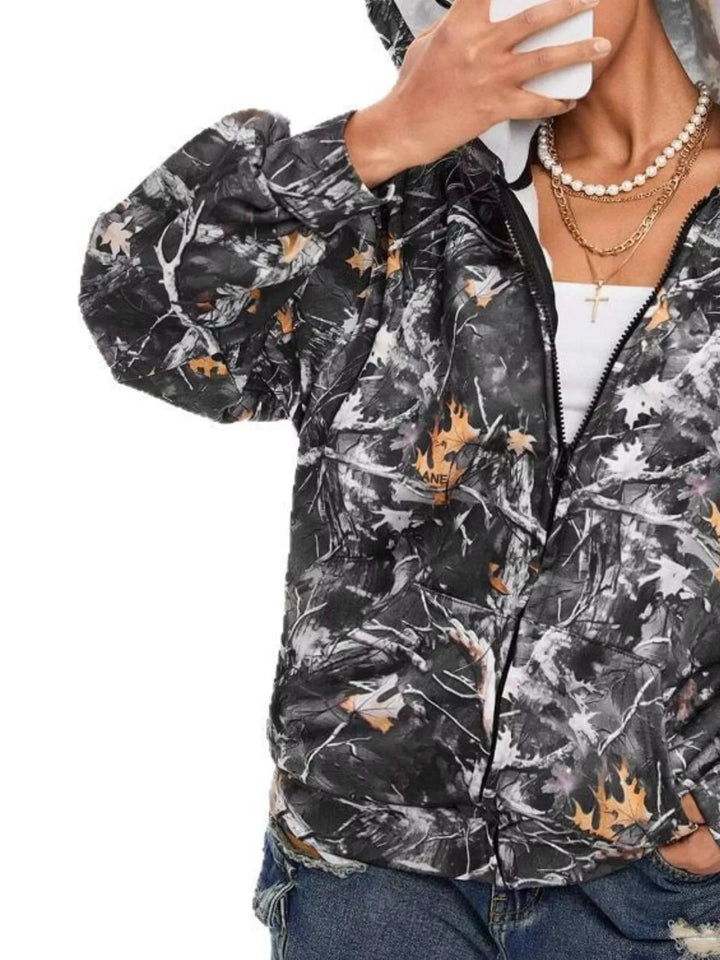 Forest camo print zip-up hoodie with side pockets