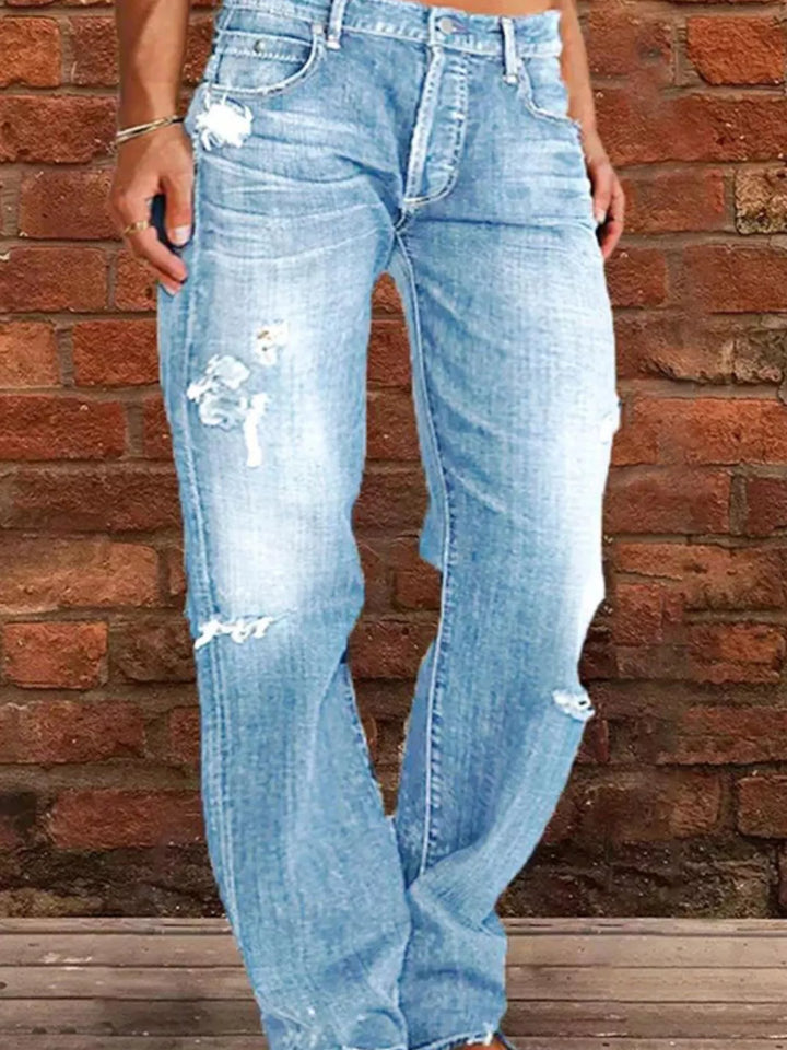 Light Blue Distressed straight-leg jeans with raw frayed hem
