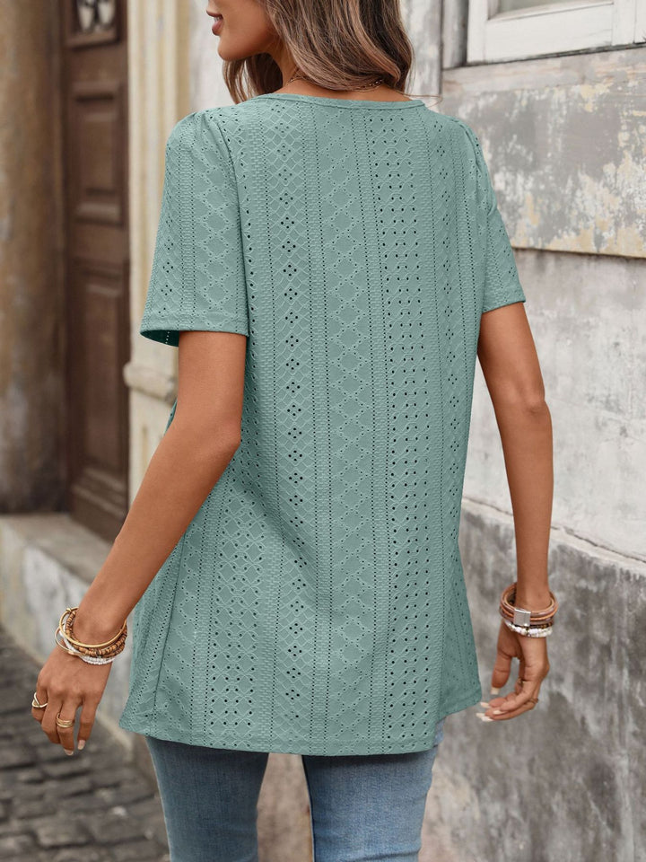 Eyelet square neck babydoll tunic with button placket