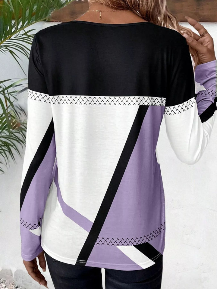Geometric color block long sleeve crew neck top
