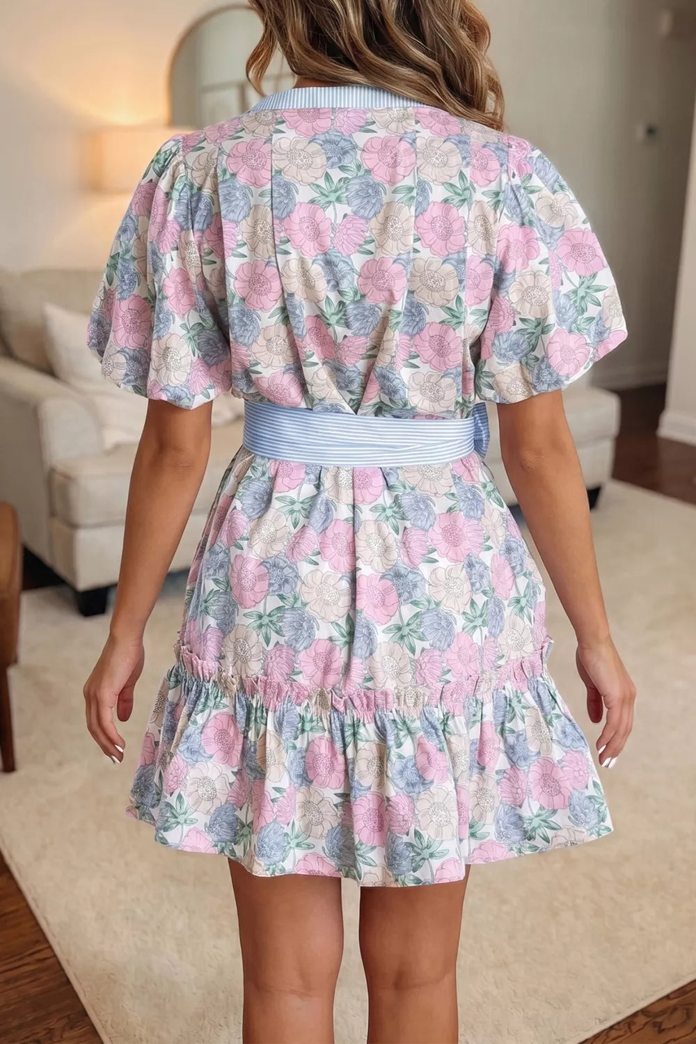 Floral print striped contrast trim belted mini dress