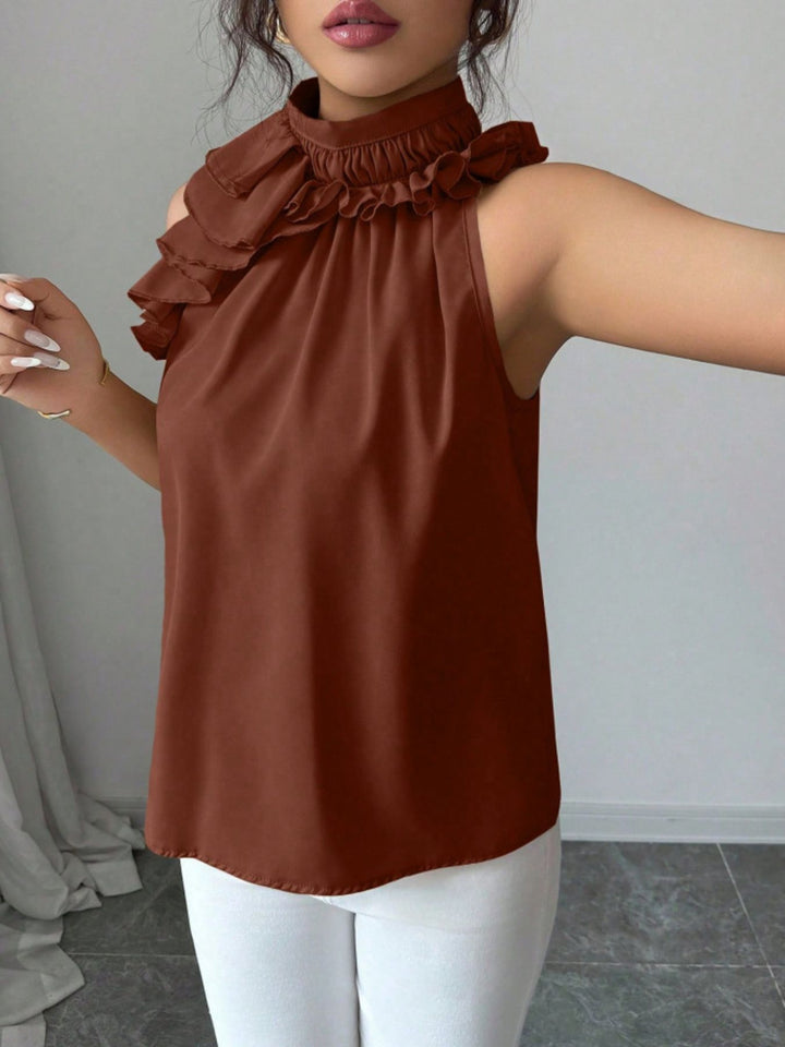Flowy ruffle-trim high-neck sleeveless blouse