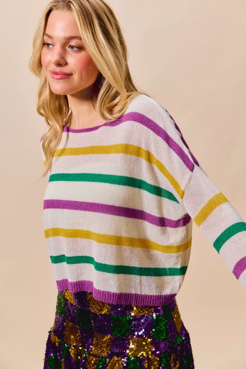 Color stripe lightweight knit sweater with boat neck