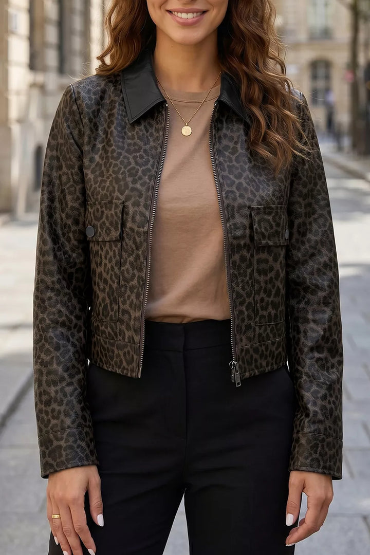 Black Leopard print cropped faux leather jacket with flap pockets