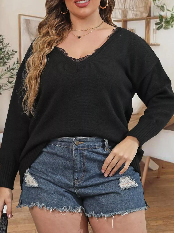 Lace trim V-neck ribbed knit pullover sweater