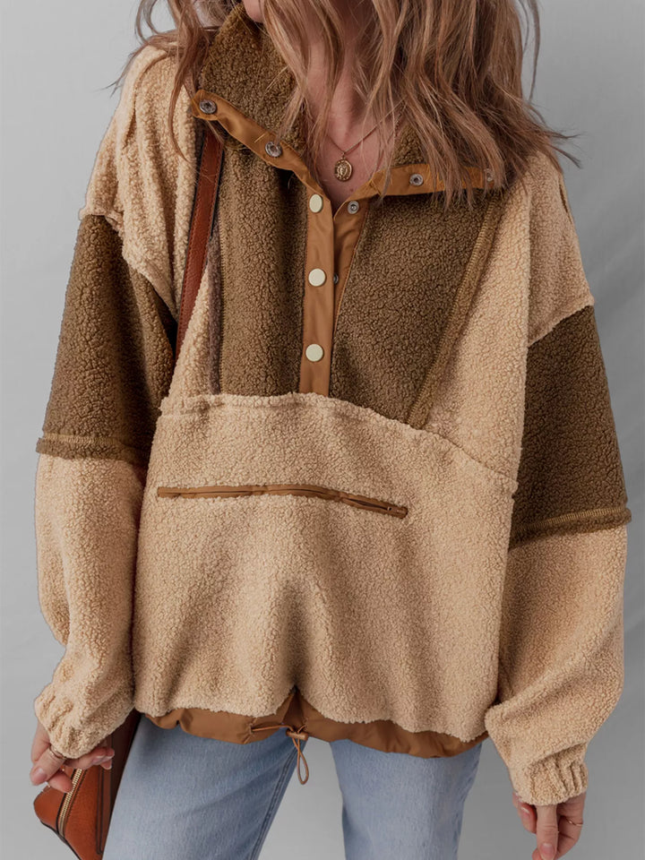 Color block sherpa pullover with half-snap placket
