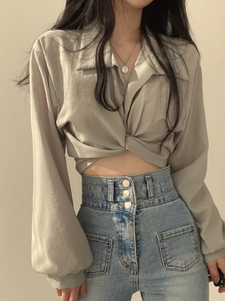 Grey Twisted knot cropped shirt with long balloon sleeves