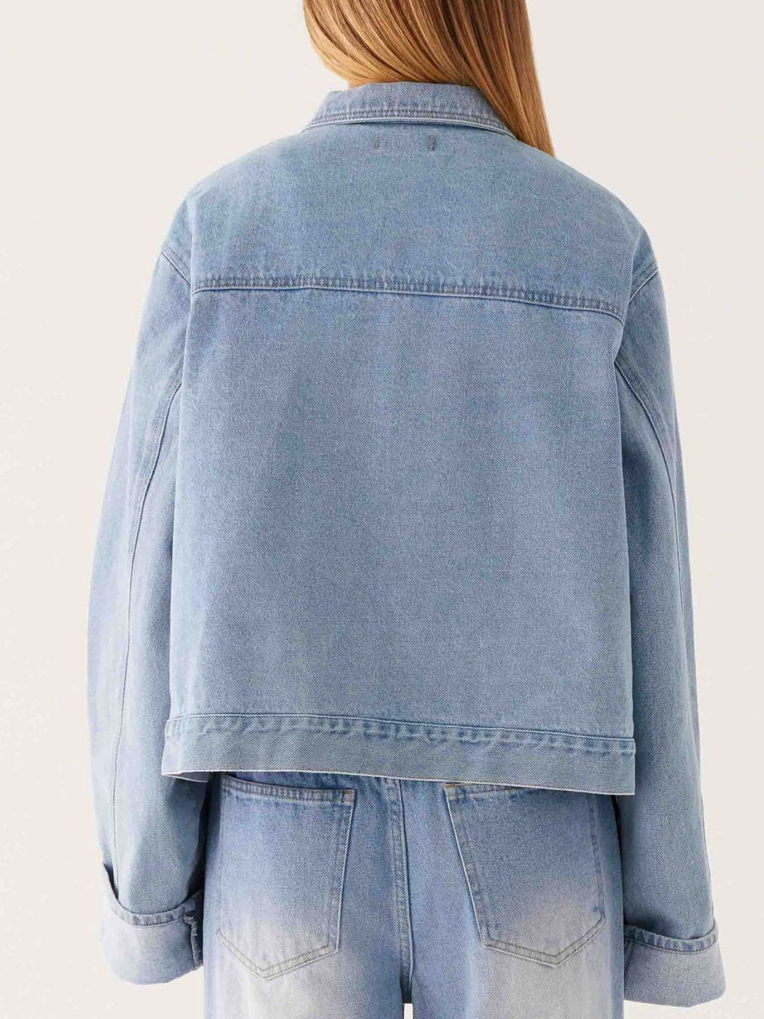 Oversized cropped denim jacket with chest flap pockets