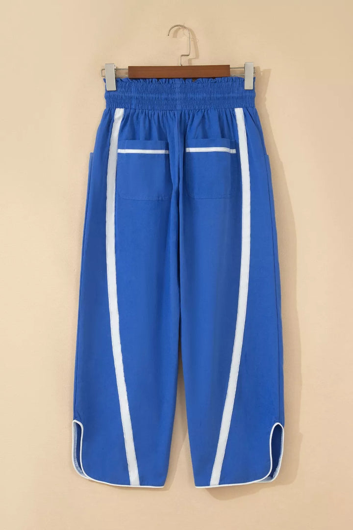Contrast stripe smocked waist cropped track pants