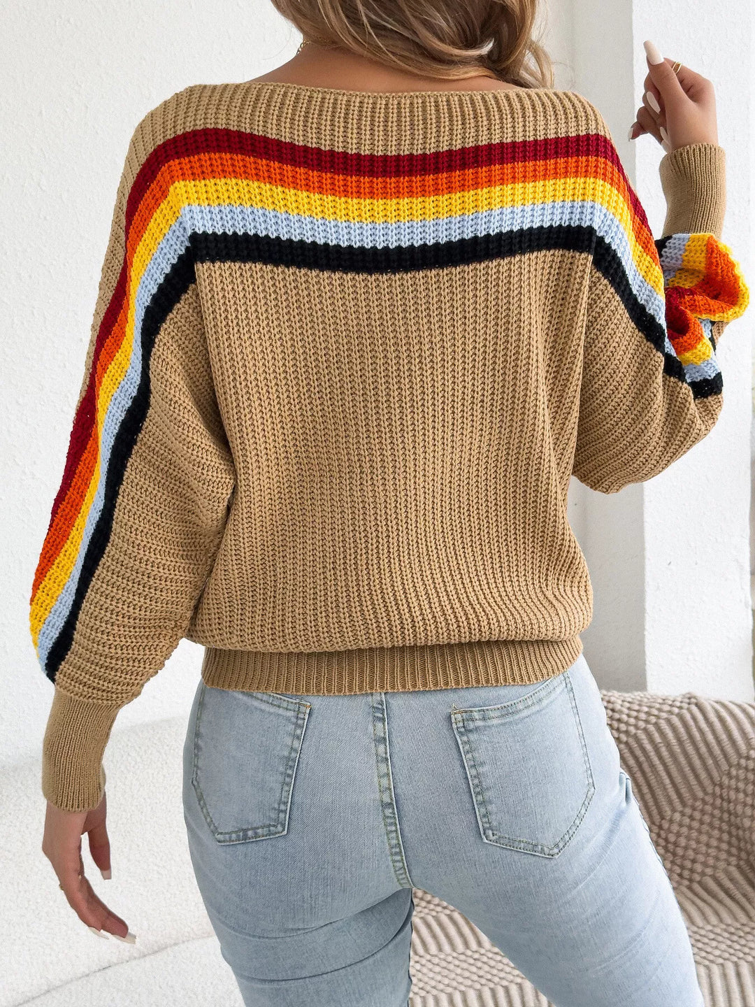 Camel Rainbow stripe ribbed knit boat neck sweater